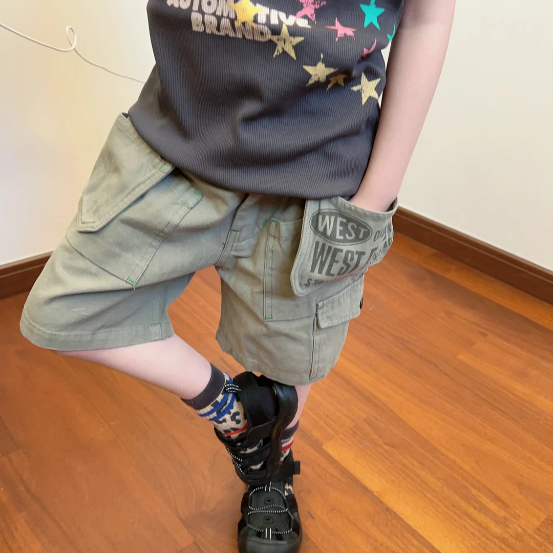 现货令佳潮牌夏季儿童DD字母印花重工侧兜百搭短裤2705宽松男童