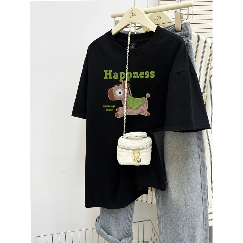 2026年新款纯棉圆领短袖t恤女韩版洋气设计感宽松大码半袖上衣服