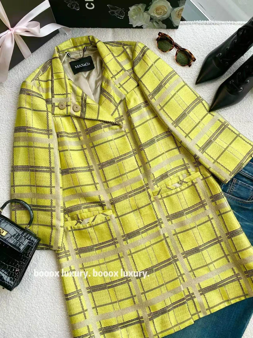 95新 MaxMara  xw188 粘胶纤维 黄色格纹外套 36码