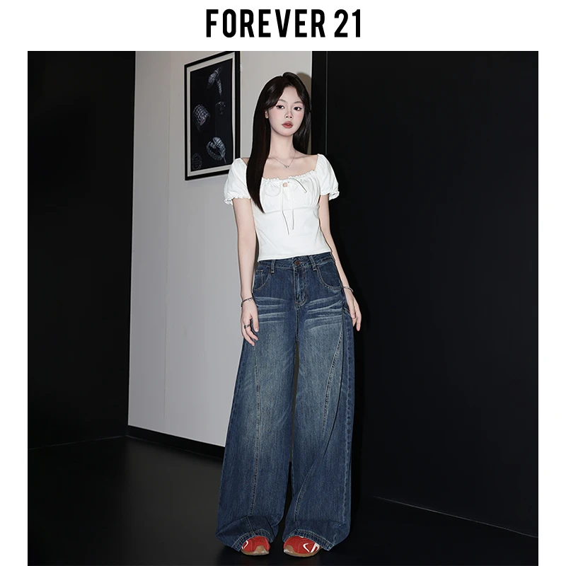 Forever 21复古深蓝弯刀阔腿牛仔裤女夏高腰垂感宽松显瘦直筒长裤