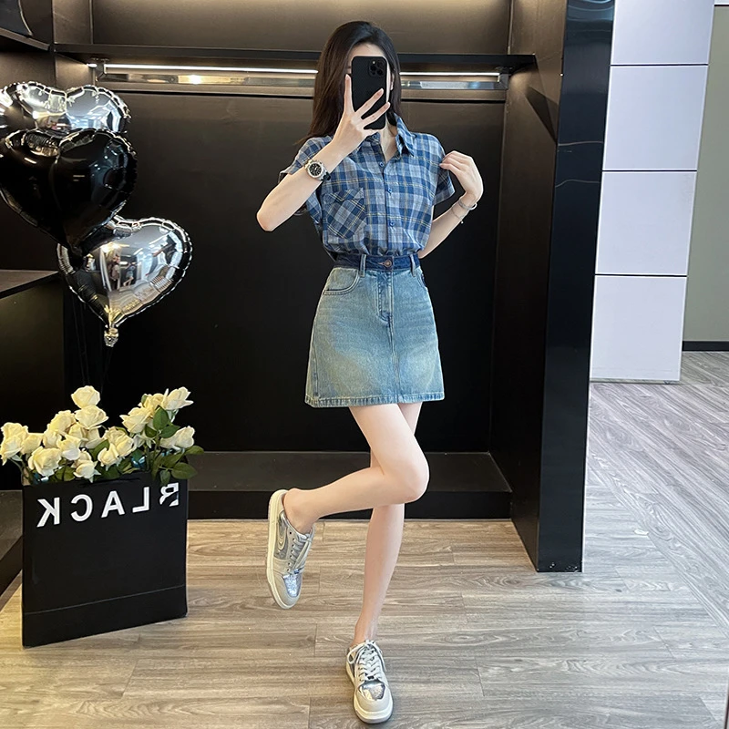 潮牌时尚休闲套装女夏新款多巴胺衬衫短袖内衬牛仔短裙减龄两件套