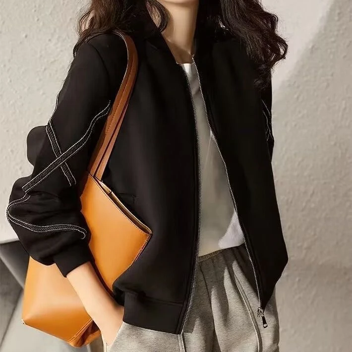 夹克棒球服黑色显瘦大码外套新款开衫拉链2024港风秋季女装春秋