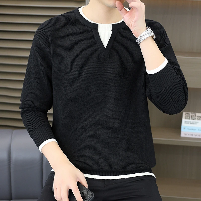 高档秋冬圆领拼接套头毛衣男士时尚潮流保暖内搭打底衫男装25861