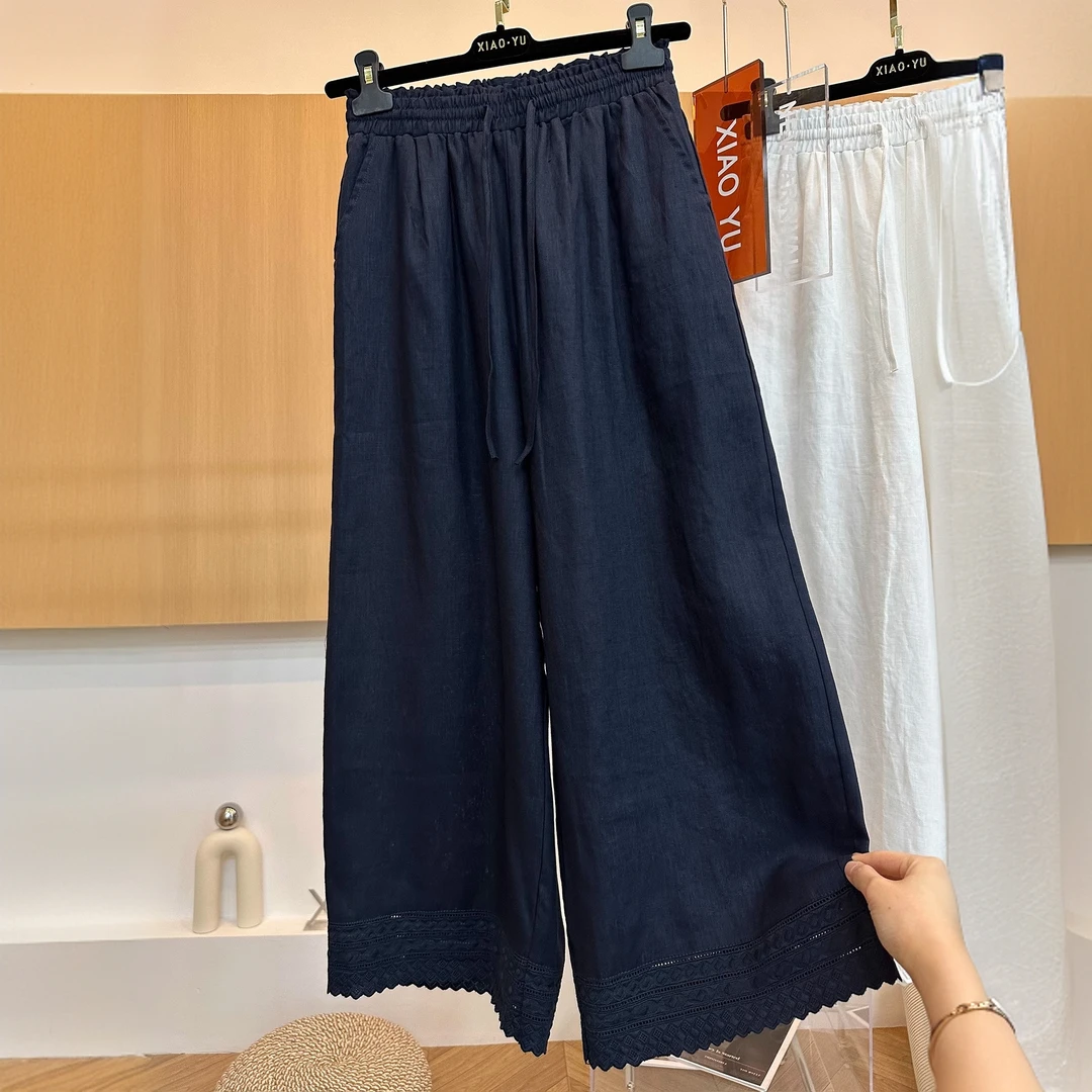 高端薄裤子蕾丝花边宽松显瘦阔腿裤女夏天丝棉麻休闲裤九分休闲裤