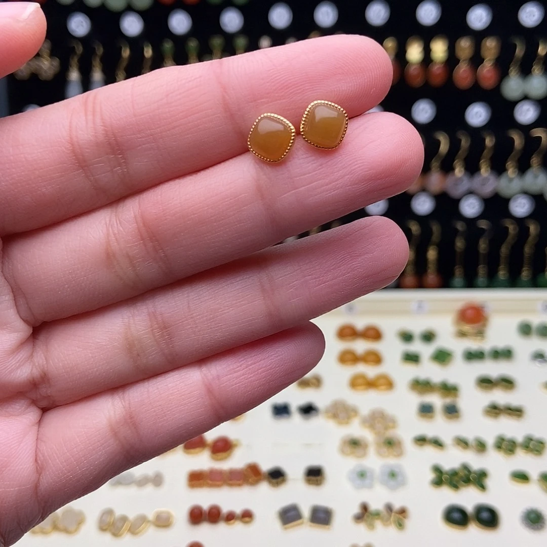 和田玉银S925镀金镶嵌耳饰