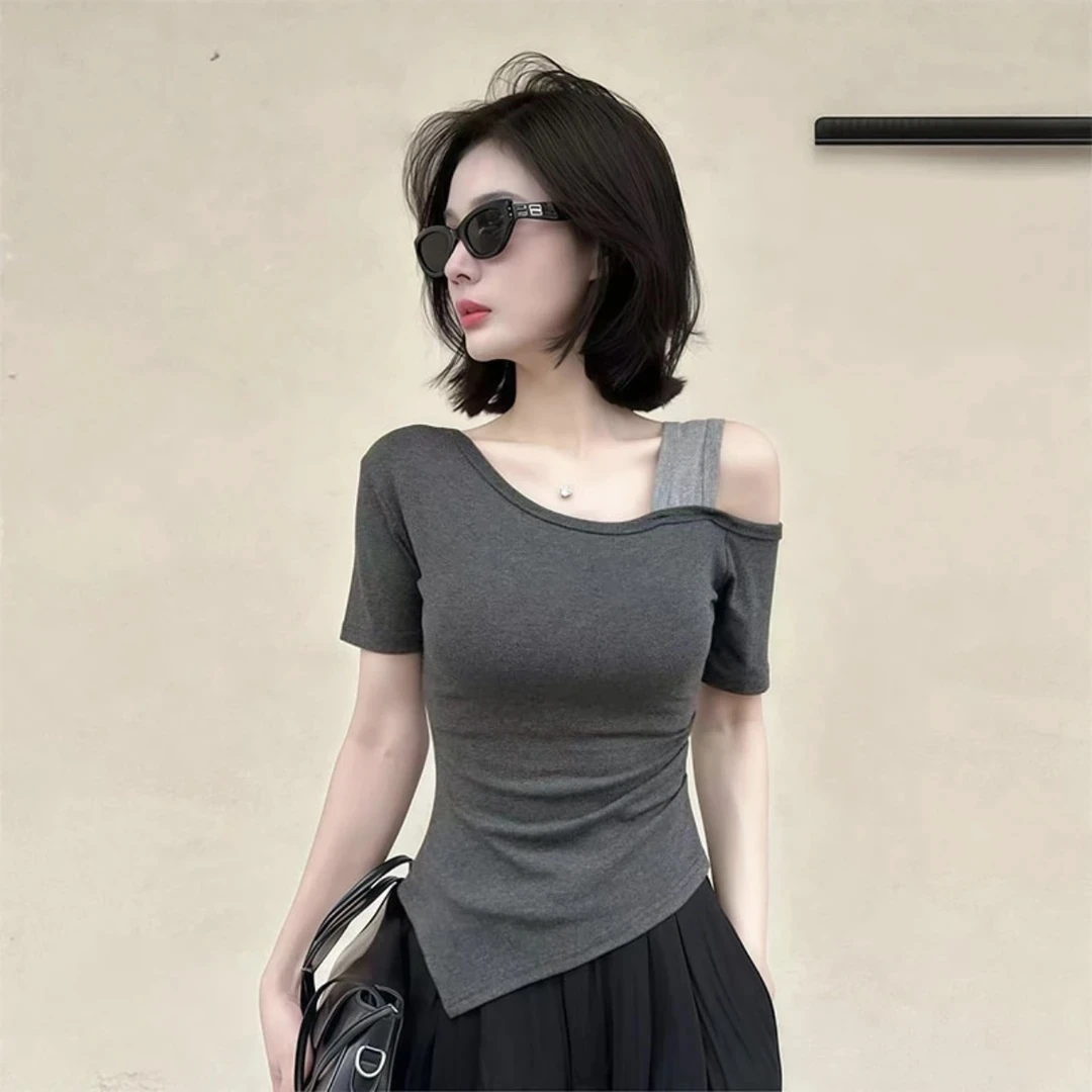 柔软露肩小众气质不规则上衣2025夏季薄款亲肤修身显瘦短袖T恤女