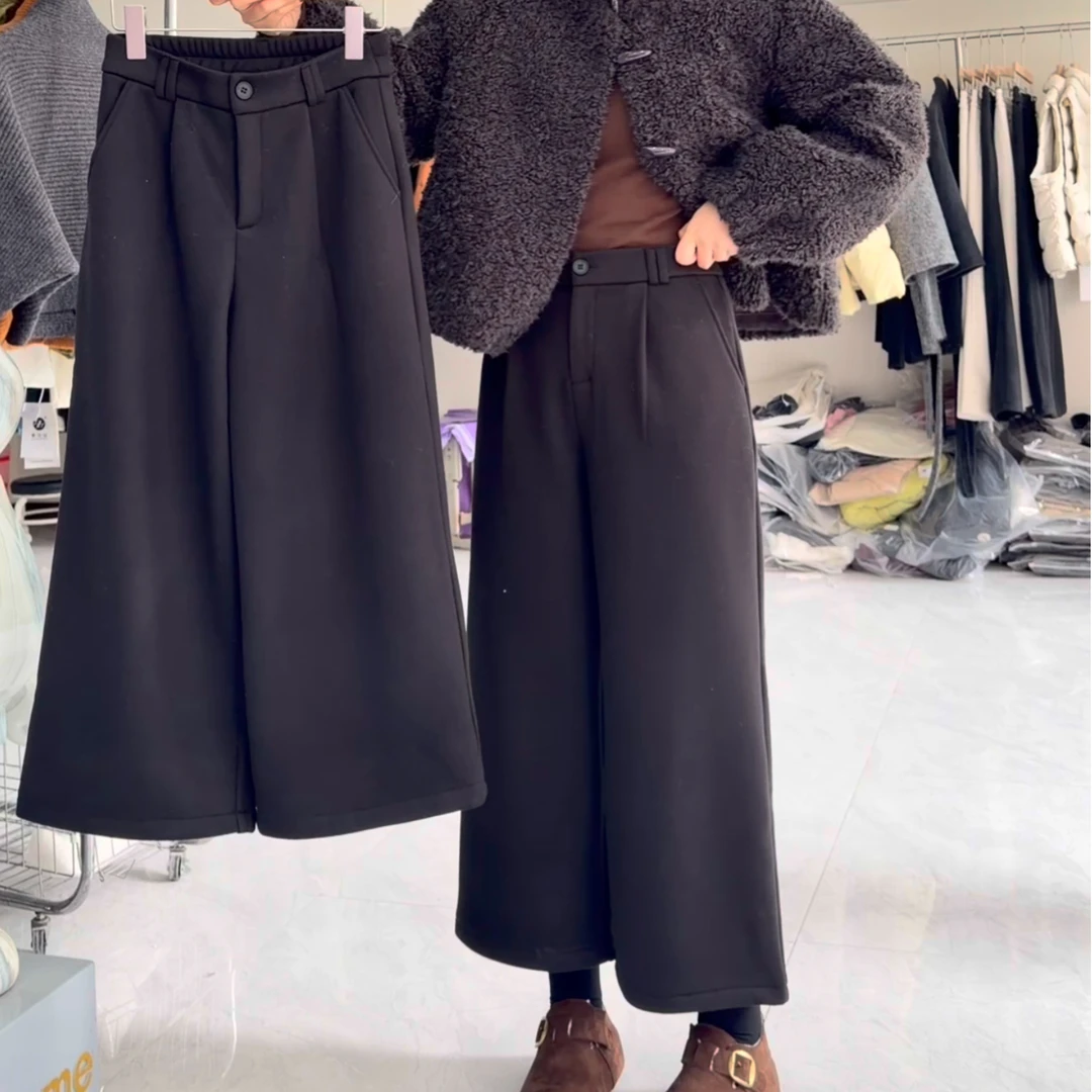 过冬韩版加绒呢子阔腿八分裤