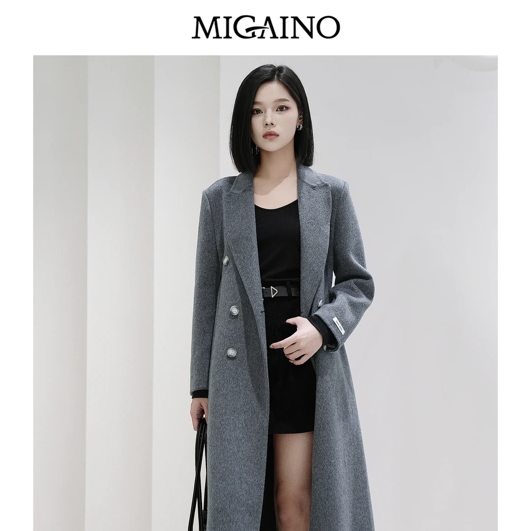 Migaino/曼娅奴秋冬新款气质感复古高级通勤中长款毛呢外套
