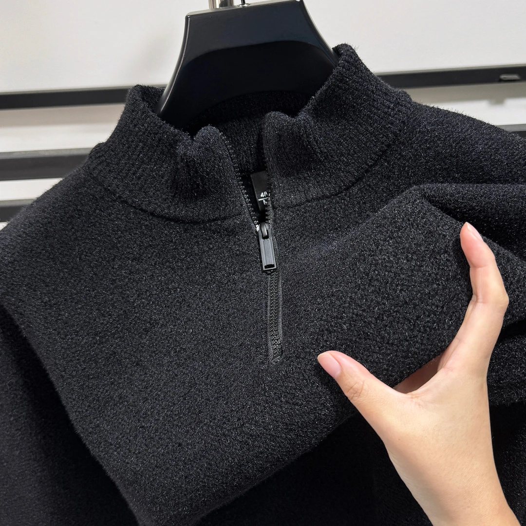 DeweLvum一体绒百搭纯色半拉链毛衣男加绒加厚保暖立领针织打底衫