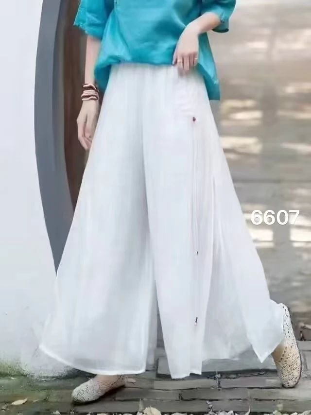 新款丝麻全松紧腰加里衬下开衩上刺绣小坠飘逸长裤