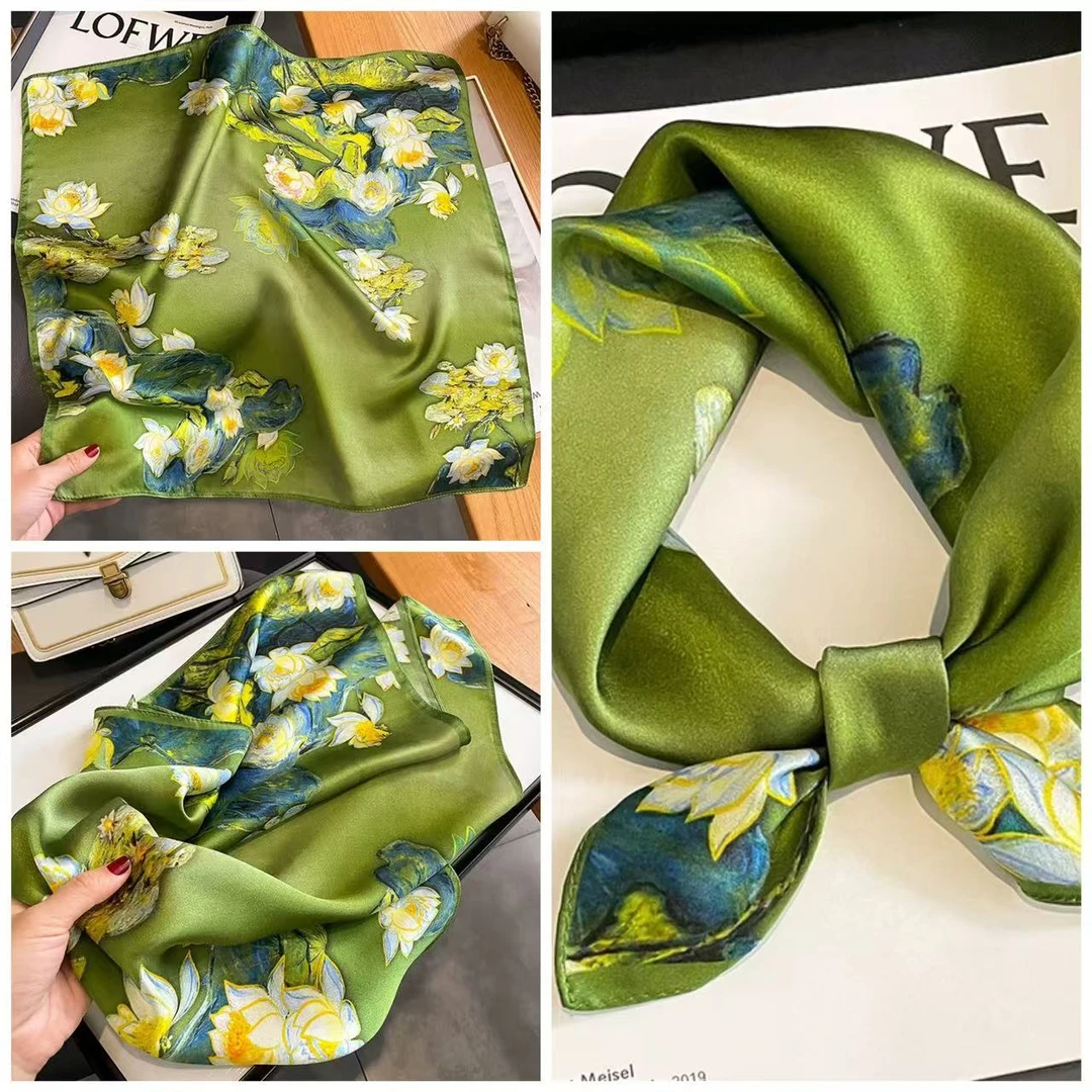 好事莲莲u147清新脱俗高定轻奢气质莲花款70方巾仿真丝