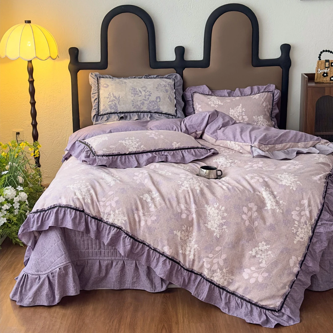 A类高档原麻绉绉纱美式加棉床盖四件套床上用品加厚法式花边床盖