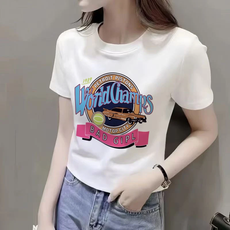 正肩女士短袖T恤女2025春夏季新款白色印花修身高腰短款内搭上衣