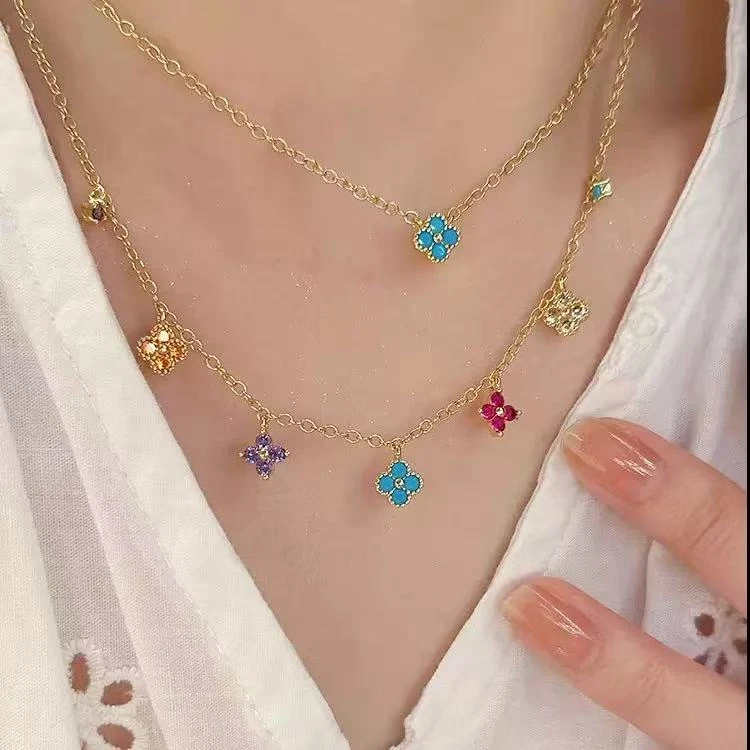 铜合金项链 幸运四叶项链女轻奢高级彩色花朵锁骨颈链