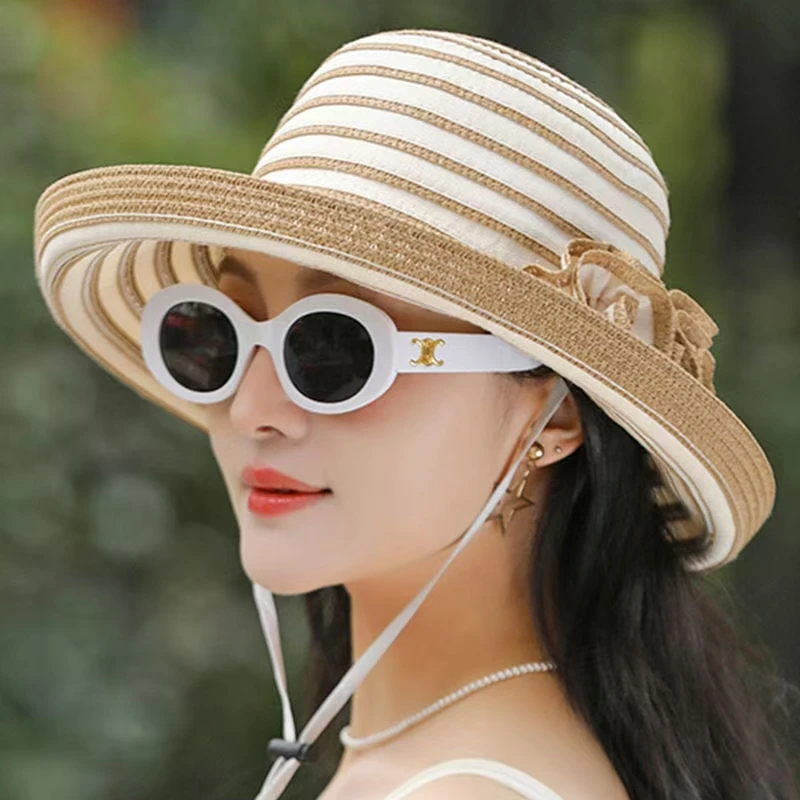 卷边女士太阳帽韩版时尚条纹帽子潮网红遮阳帽户外旅游防晒沙滩帽