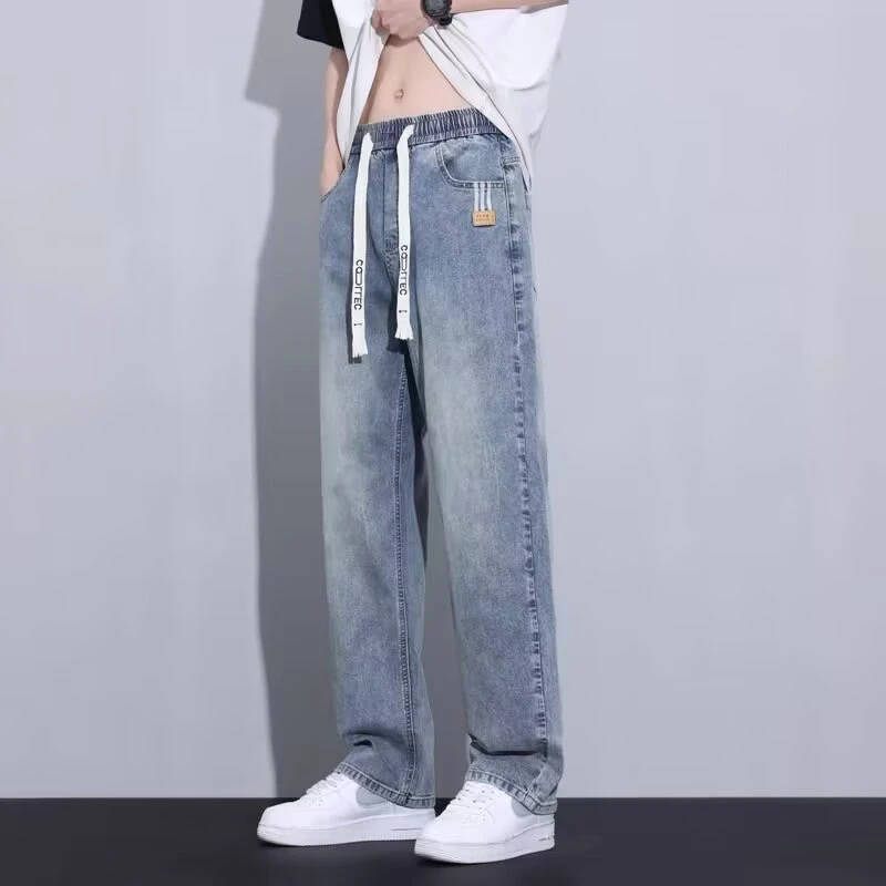 2025春秋薄款牛仔裤男士宽松直筒松紧腰新款美式潮牌休闲长裤子