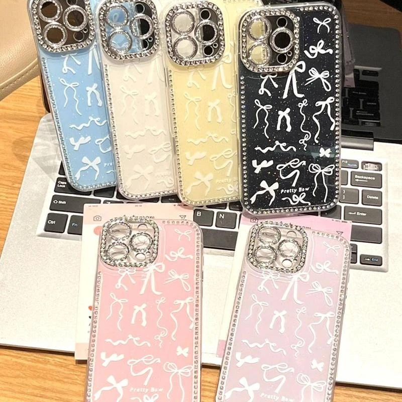 [自带相机保护按键]彩色丝带蝴蝶结适用苹果16手机壳15华为闪钻13