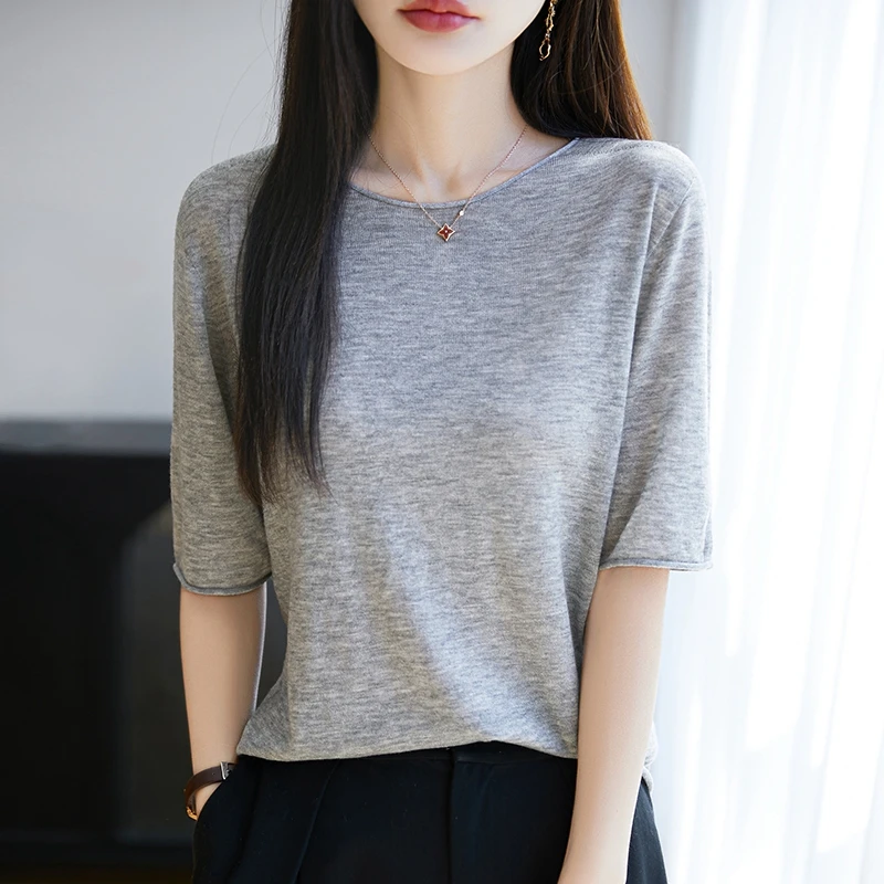 春夏卷边圆领精纺水溶羊毛短袖T恤女纯色薄款针织半袖套头衫上衣
