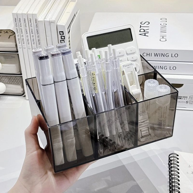 笔筒收纳盒学生桌面办公室亚克力透明轻奢高级感创意分格笔架笔桶