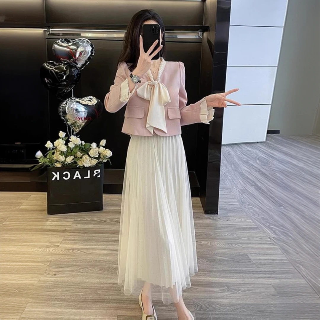 小香风显瘦时尚套装女春秋季高级感气质减龄外套网纱半身裙两件套