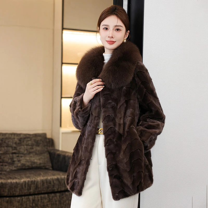 皮草外套女2025新款冬时尚中长款妈妈高端品牌海宁水貂拼貂皮大衣
