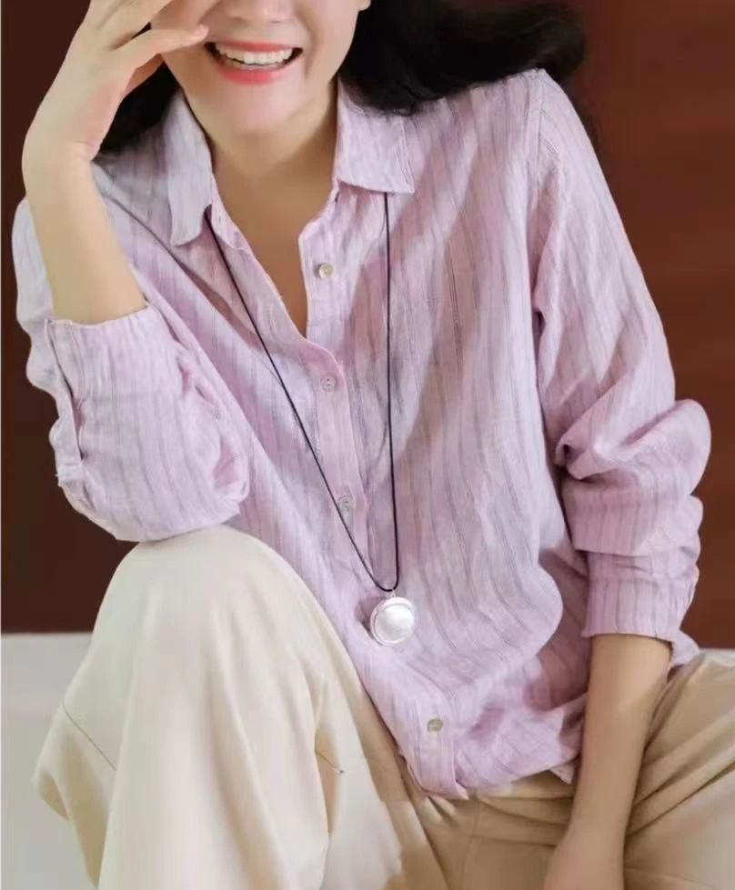 小禾家 重磅盐缩工艺色织亚麻条纹衬衫