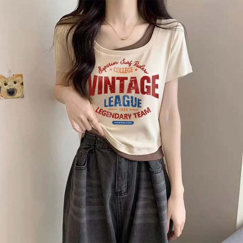 纯欲慵懒风女装正肩t恤大码女装夏短袖法式遮肚显瘦别致U方领上衣