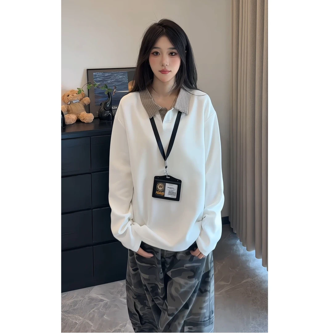 老钱风千鸟格拼接polo领长袖卫衣男款cleanfit短款卫衣抗皱空气层