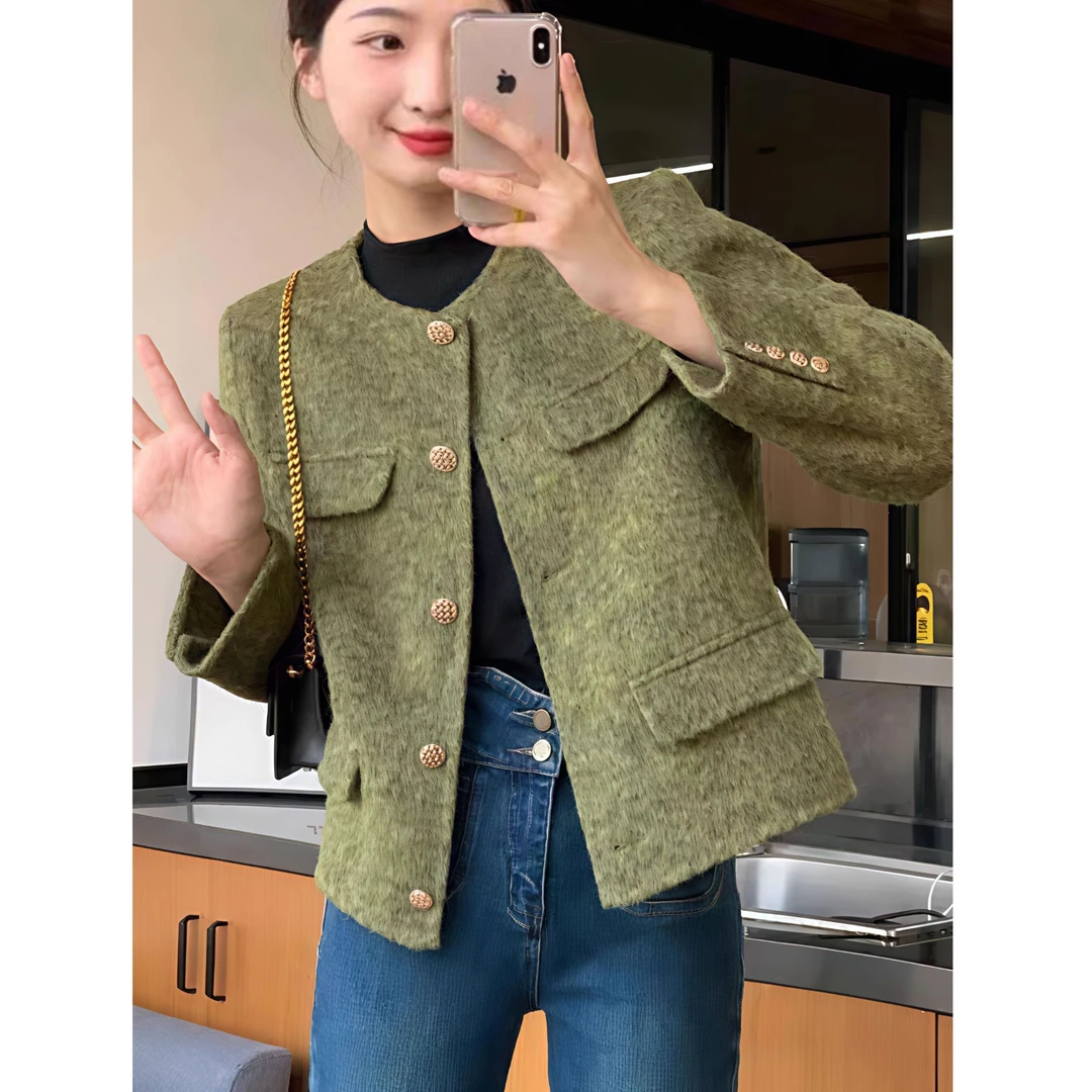 【简绒】新款双面羊毛绒毛呢小香风外套女小个子年轻圆领简约