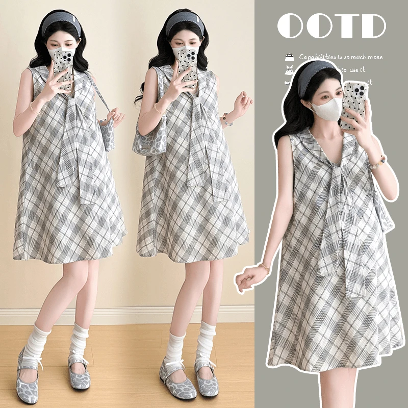 孕期韩版小个子中长款格子海军领显瘦孕妇连衣裙