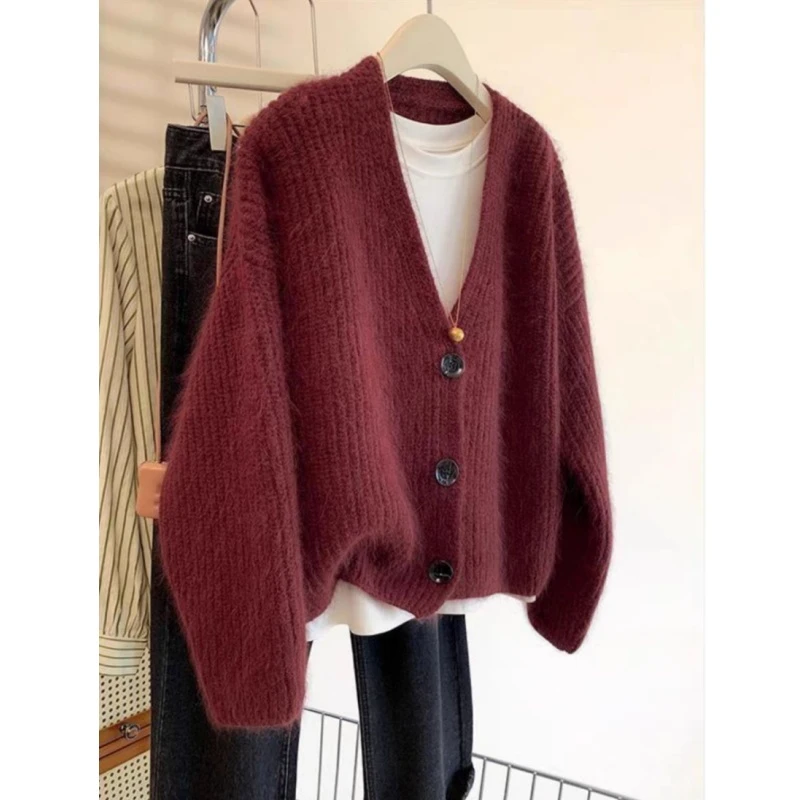 【酱红色开衫】三粒扣开春加厚大版韩系秀红乌梅子酱色针织开衫女
