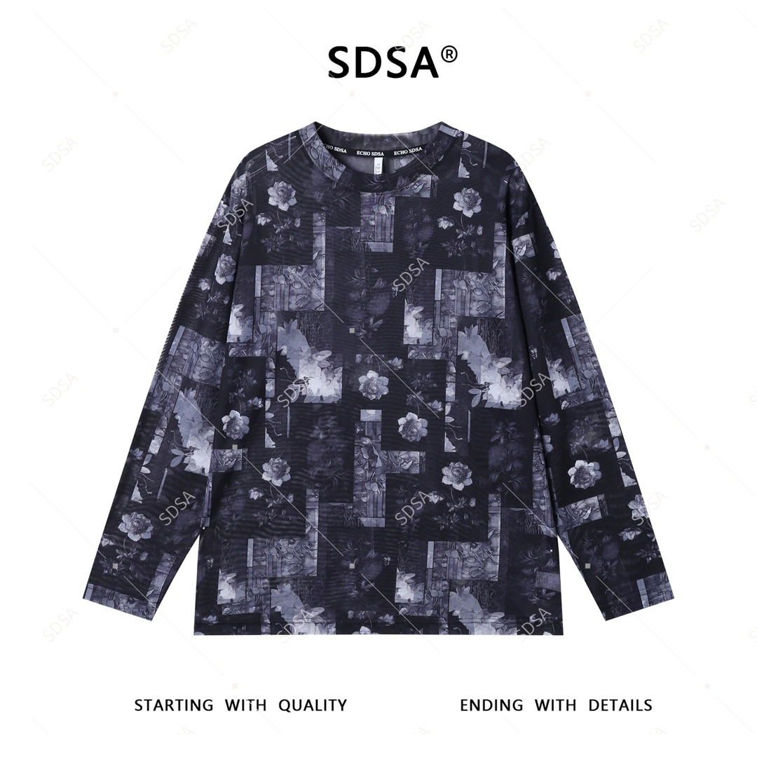 SDSA夏季新款男士痞帅休闲花卉图案圆领长袖T恤舒适简约上衣百搭