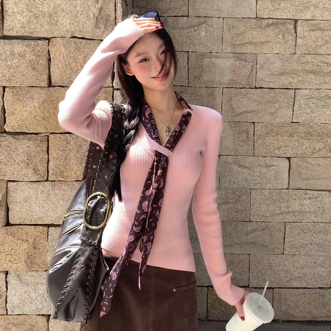 韩系漂亮早秋装绝美巨好看独特漂亮粉色针织衫女秋冬上衣9329