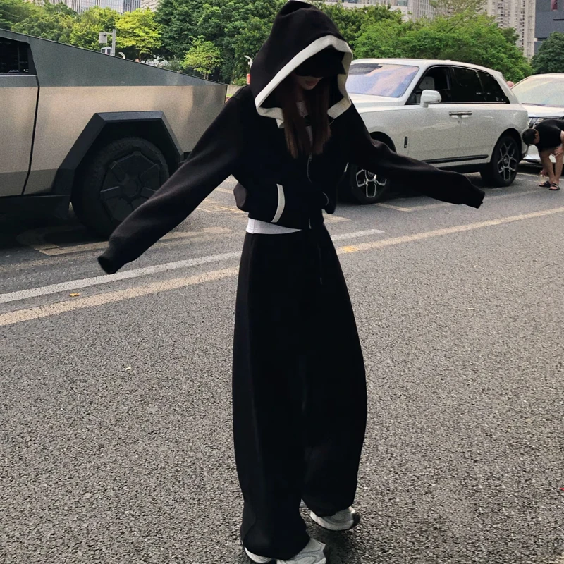 婉君Q智感凝灰休闲风百搭连帽卫衣外套街头风INS风慵懒风时尚套装