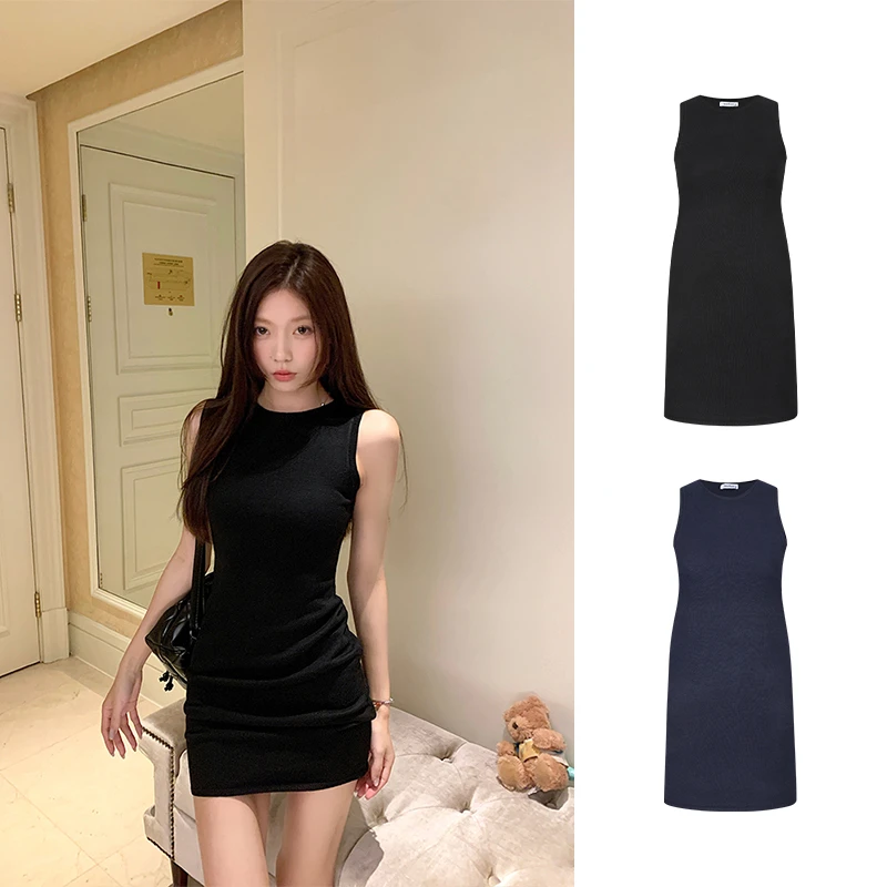 Moses Queen/魔西女王时髦凉感无袖背心圆领连衣裙收腰包臀连衣裙