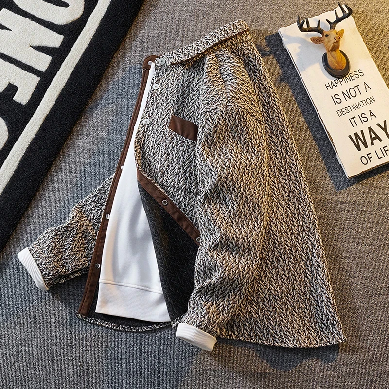 独摩天春秋季小香风外套男韩版复古长袖衬衫高级感痞帅百搭夹克潮