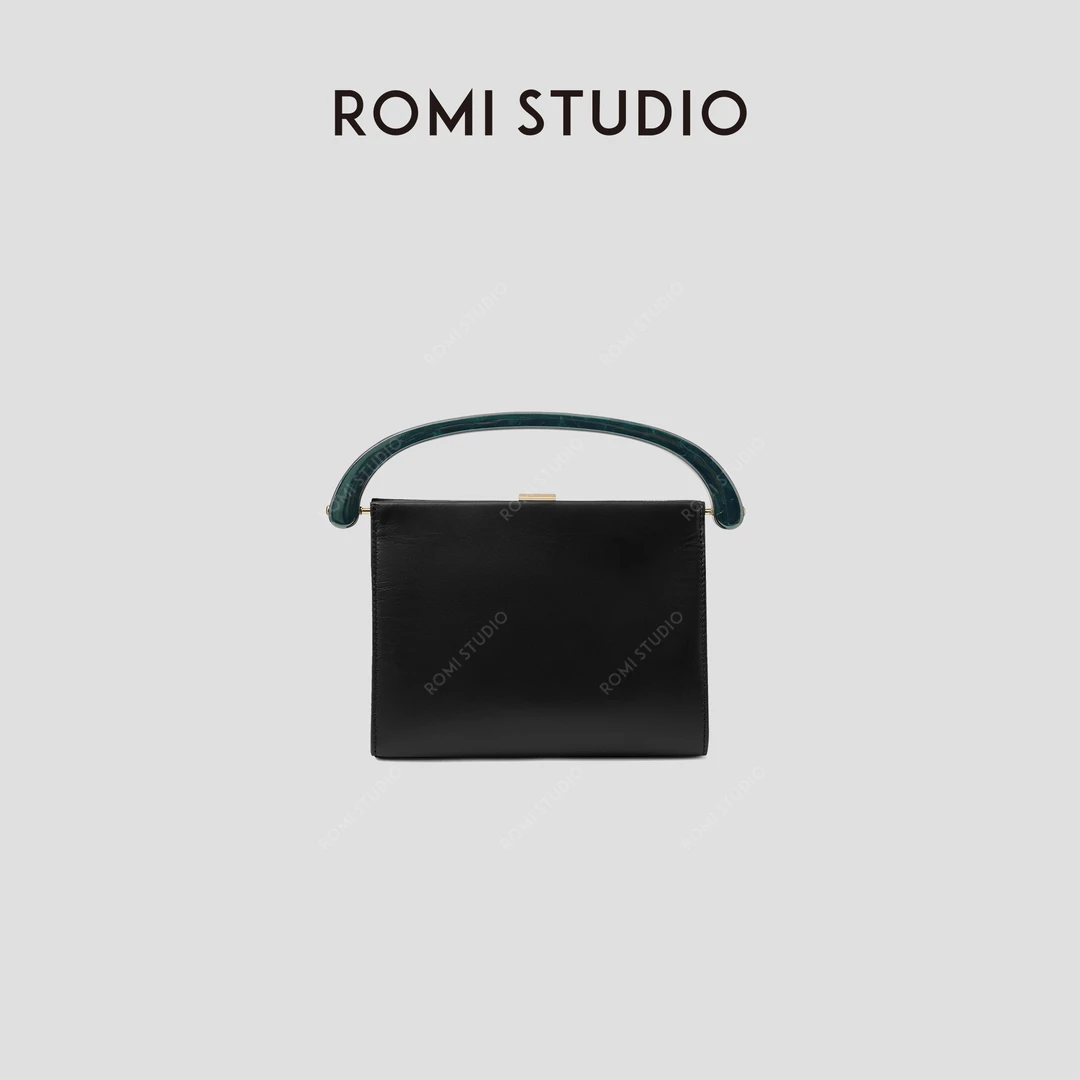 ROMI STUDIO“复古优雅”100%牛皮复古黑金顶部手柄手提包 24SSB217