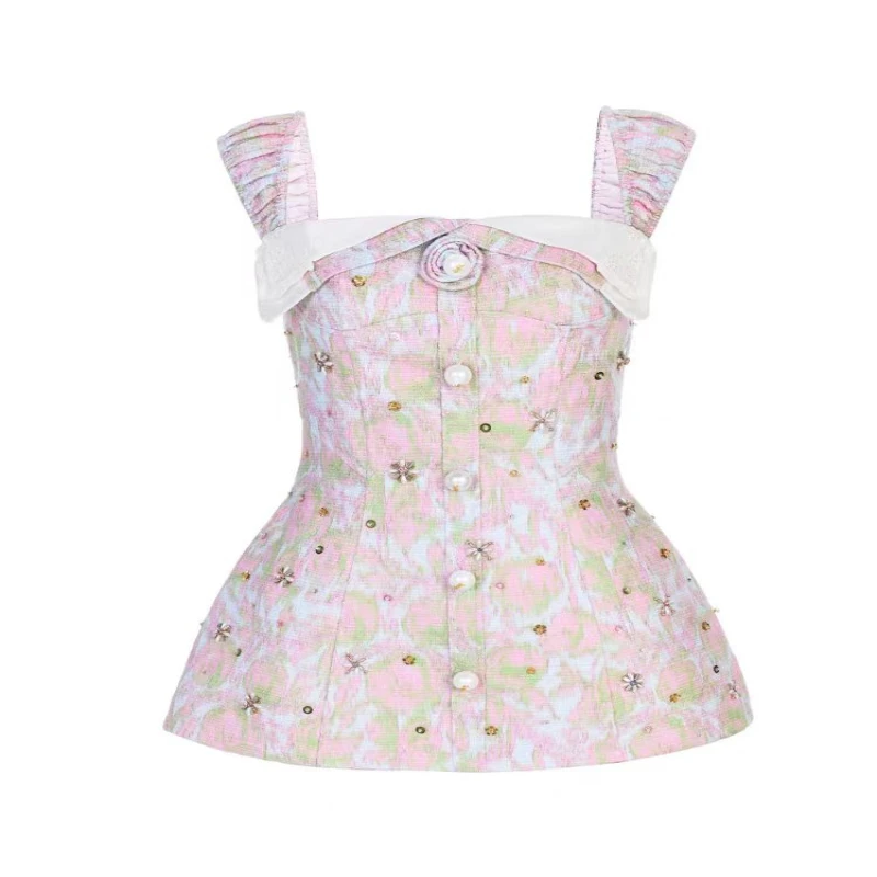 LeFame/拉飞姆2025夏季钉珠宫廷风印花上衣短裤套装LF25X61SX340