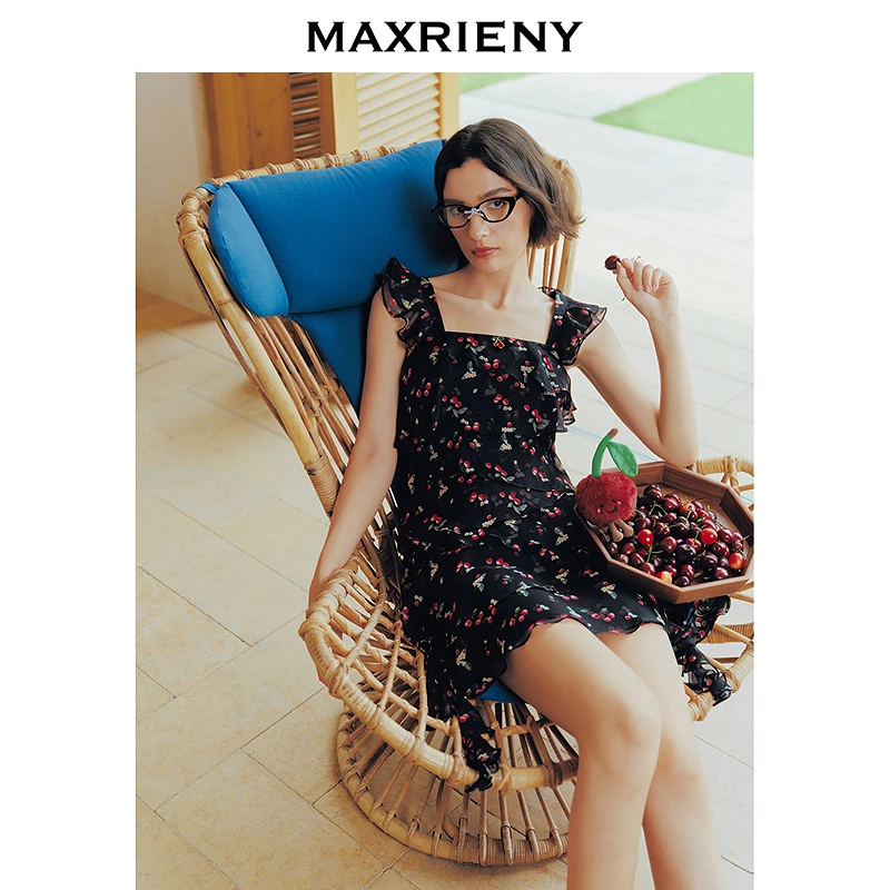 MAXRIENY甜美度假风连衣裙25夏季新款荷叶边印花连衣短裙气质感女