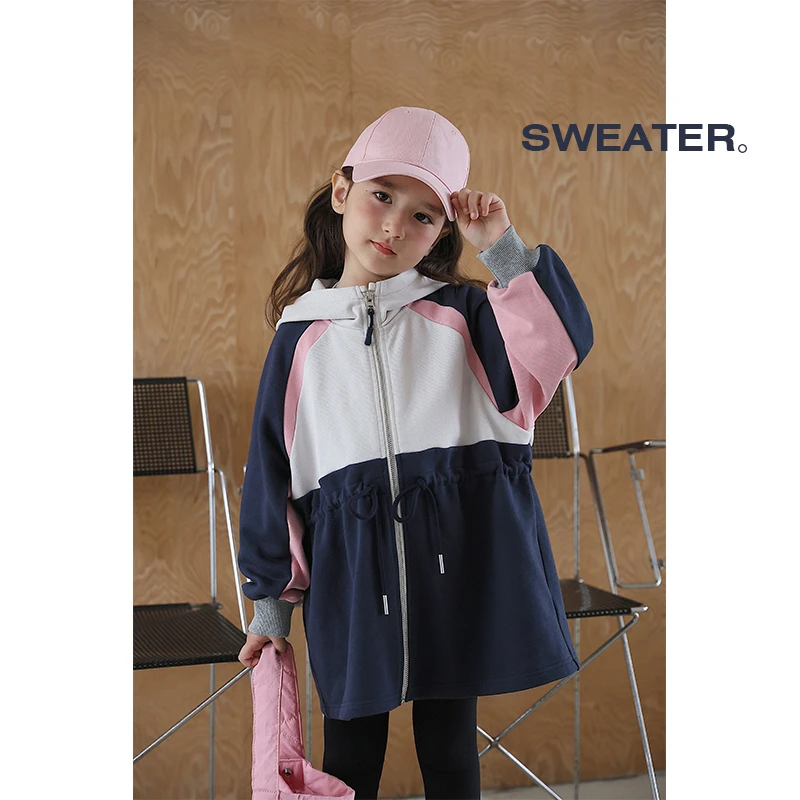 【蓝莓】女童春装拼色外套中长款儿童休闲宽松百搭童装5484D