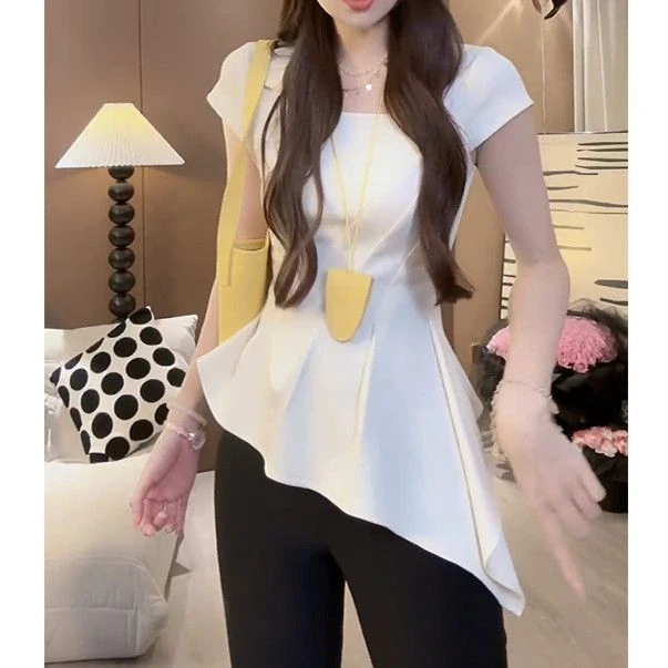 短袖不规则常规款千金风褶皱T恤设计感洋气小众韩版