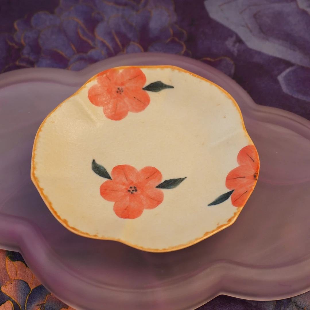 【焦糖釉手绘小红花·花边杯托】手工可爱创意陶瓷复古釉下彩9.5cm
