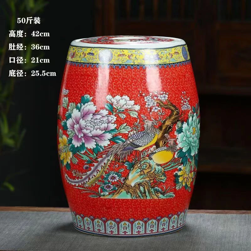 高度42景德镇陶瓷中国红珐琅彩50斤米缸238