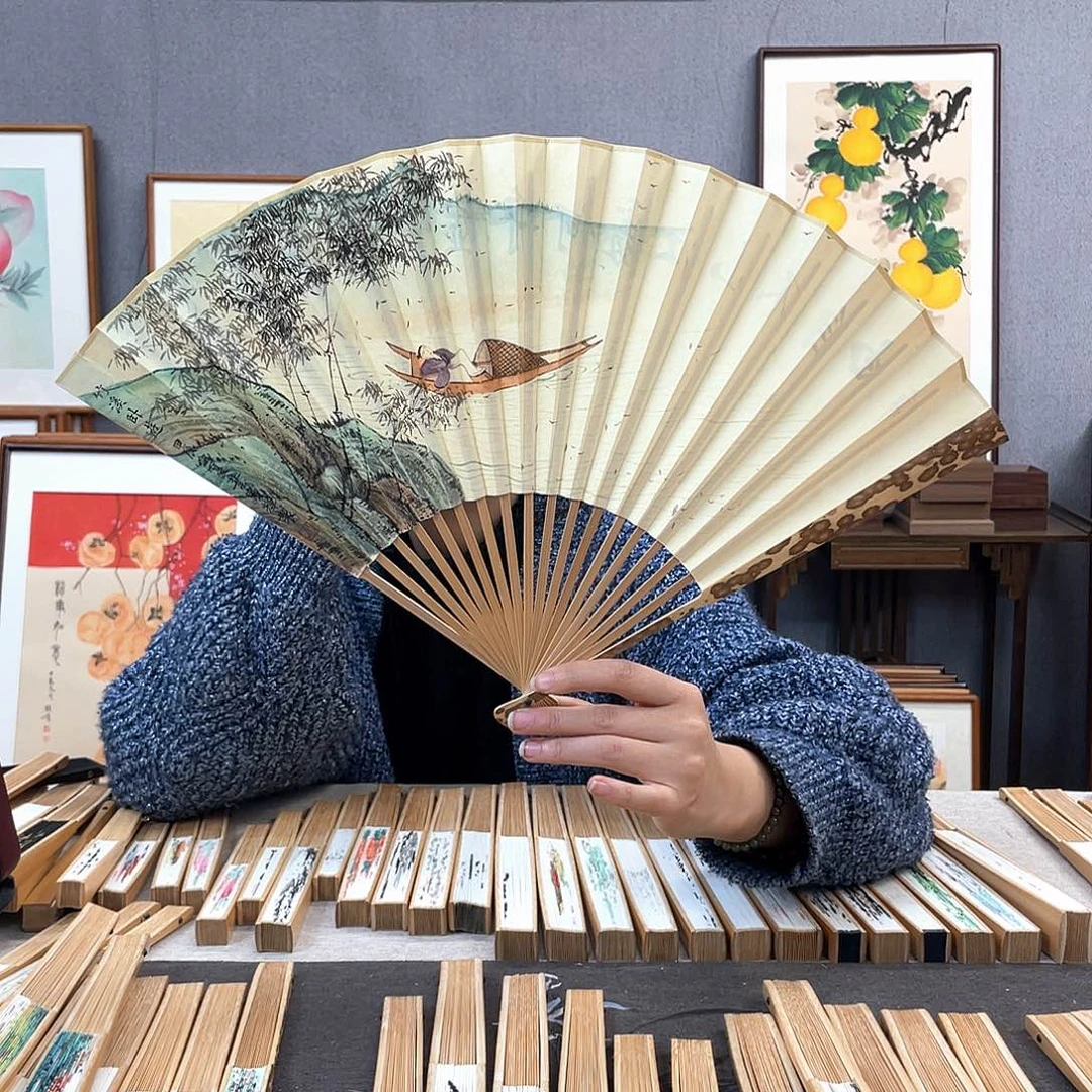 国画95寸梅妃-纯手绘-文玩扇骨（默认粘好）