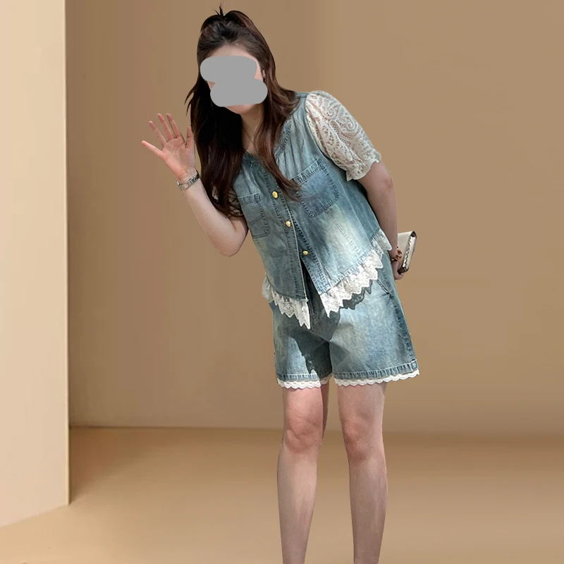 小香风蕾丝拼接牛仔套装女2025夏季新款高级感气质阔腿短裤两件套