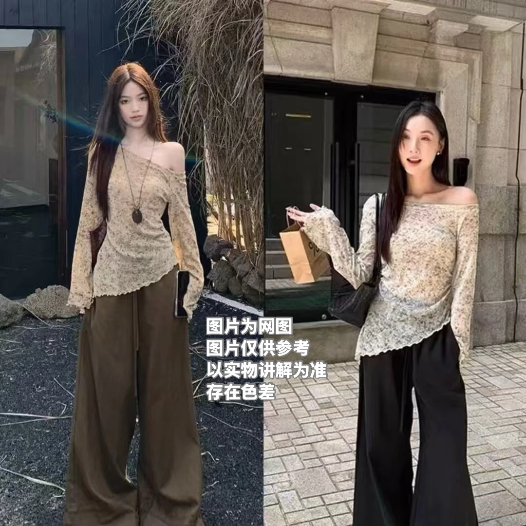 Yi+2025早秋新款长袖斜肩领纯欲风时尚针织辣妹风T恤上衣+阔腿裤