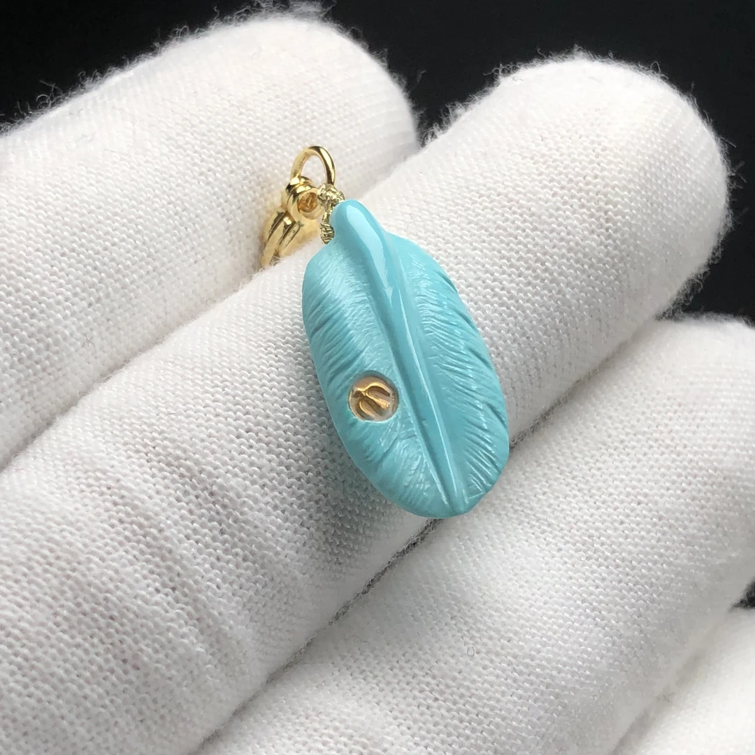 「鼎玉松石」湖北原矿绿松石瓷釉级精品羽毛吊坠侧挂 保真保天然