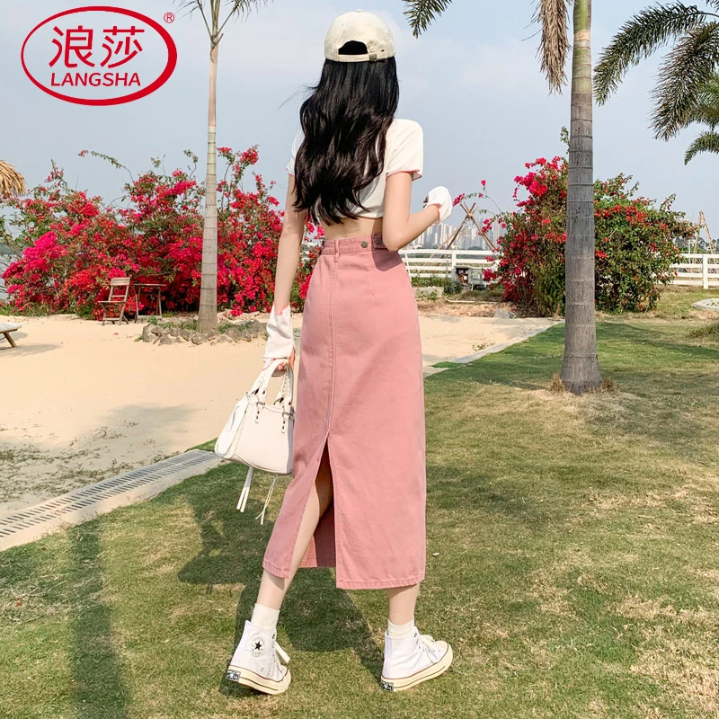 浪莎年秋冬牛仔半身裙女爆款高腰中长款a字包臀裙后开叉裙子女孩