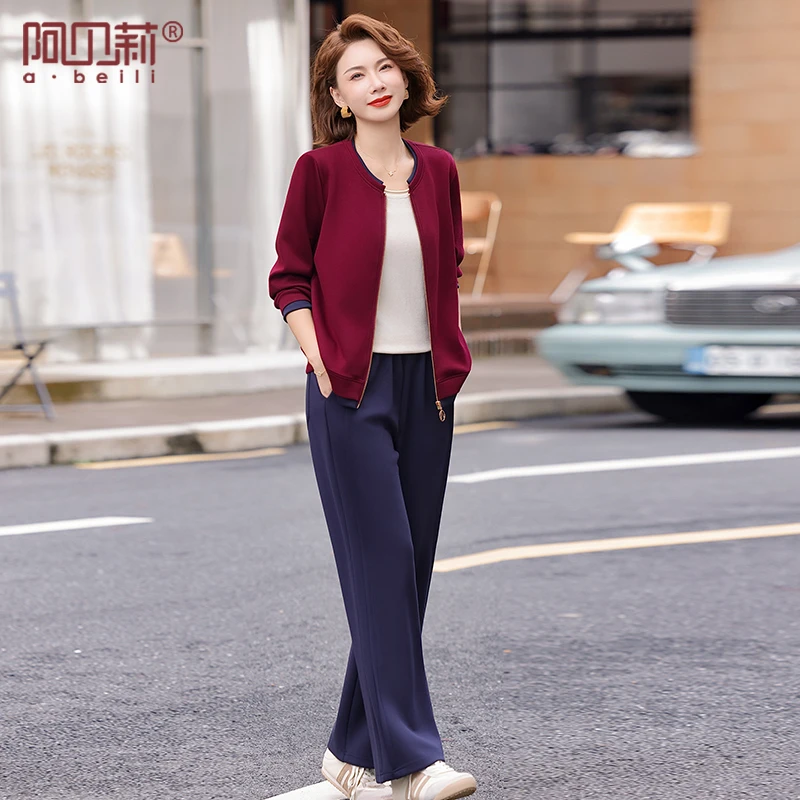 洋气妈妈秋装套装2025新款中年40-50岁圆领外套中老年休闲两件套