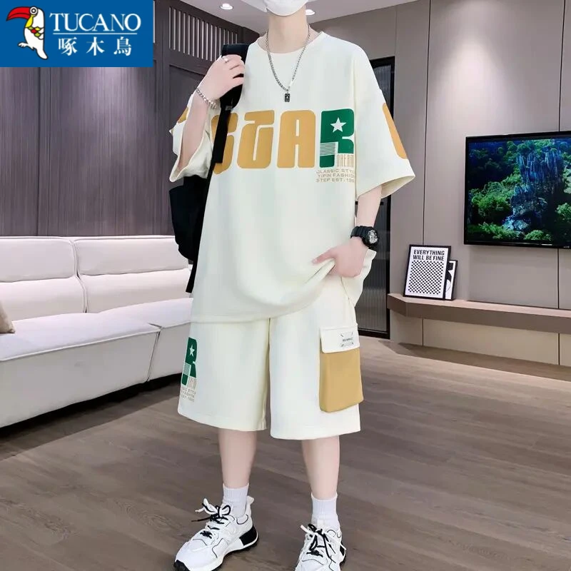 啄木鸟夏季休闲运动套装男时尚潮牌青少年初中高中学生大童夏天短